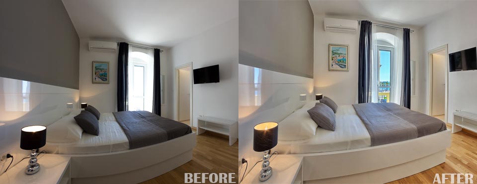 Photo digital processing with use of multiple exposures in photo-shoot. Photo example before and after processing.